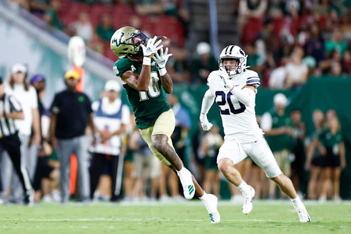 South Florida Bulls wide receiver Xavier Weaver (10) catches a pass during the first half against the Brigham Young Cougars at Raymond James Stadium.